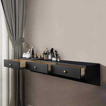 Modern Black Floating Desk Mounted Writing Desk with Drawers Side Cabinet Included-Desks,Furniture,Office Furniture